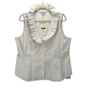 🆕 Tyler Boe White Blouse Sz 14 Sleeveless Ruffle Neck Button Front Stretch Top